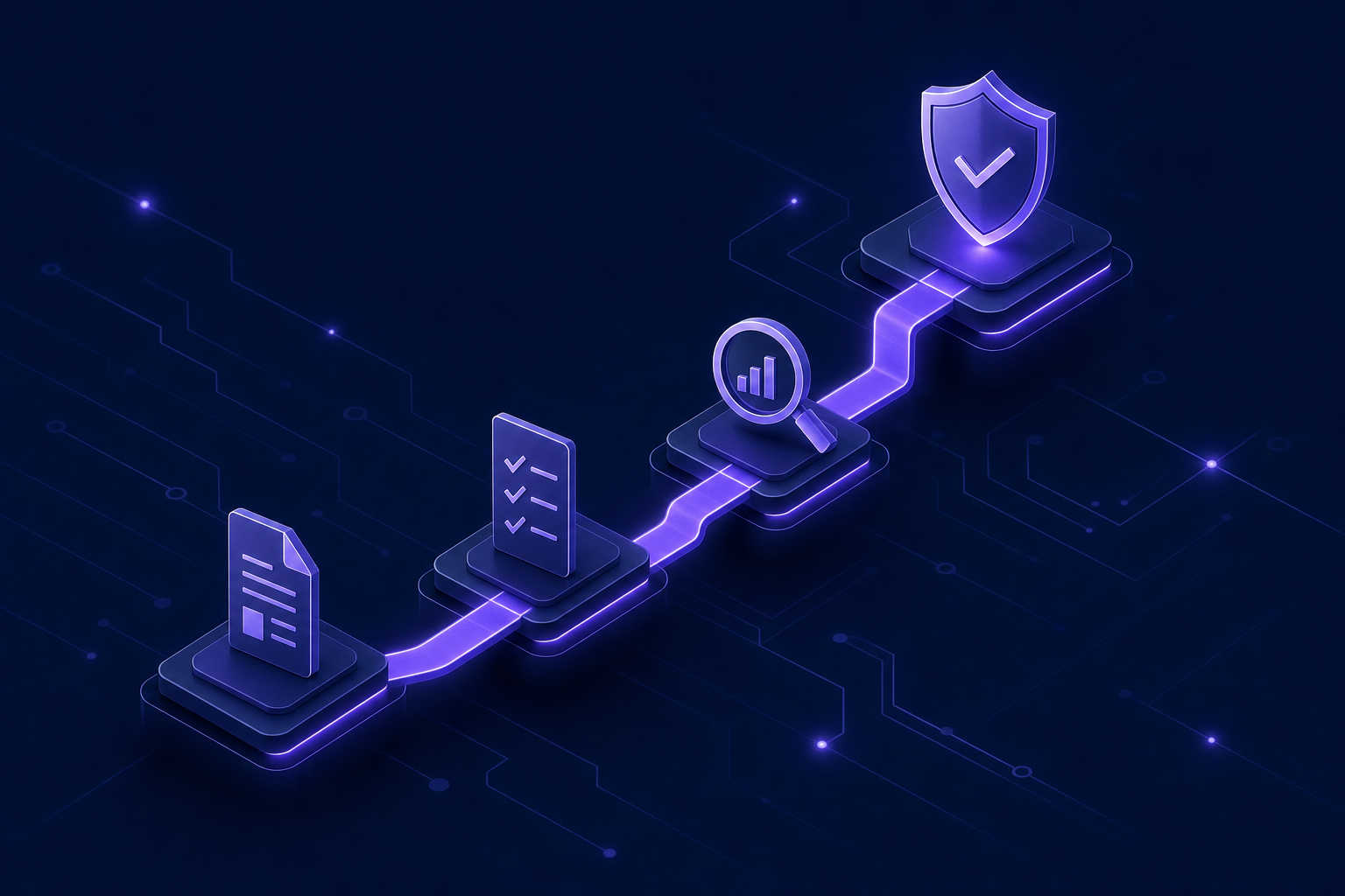 An isometric compliance roadmap rising through four milestones: document, checklist, analysis, and a certification shield