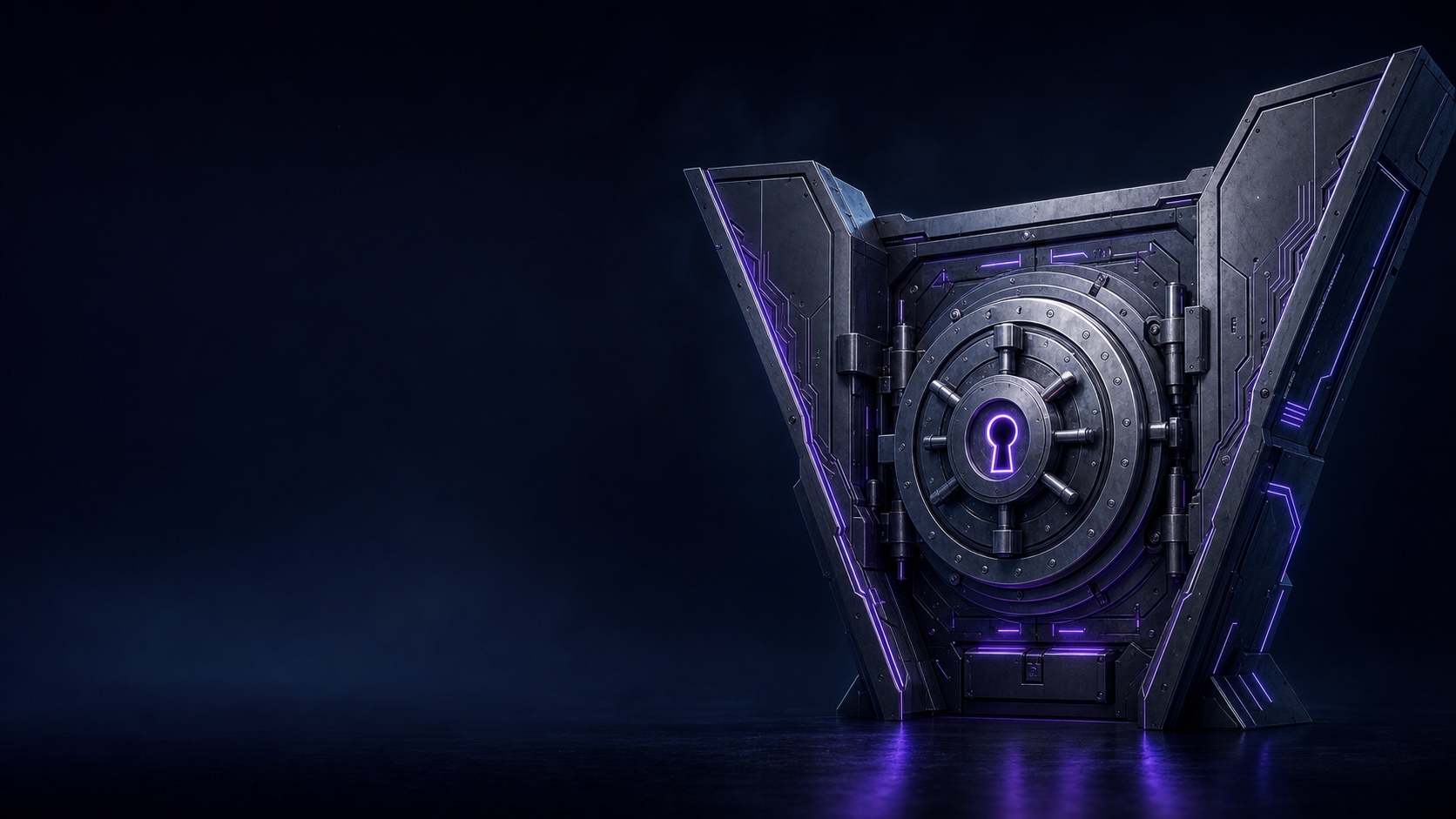 A cyber vault door opening into the shape of a V, with a glowing violet keyhole