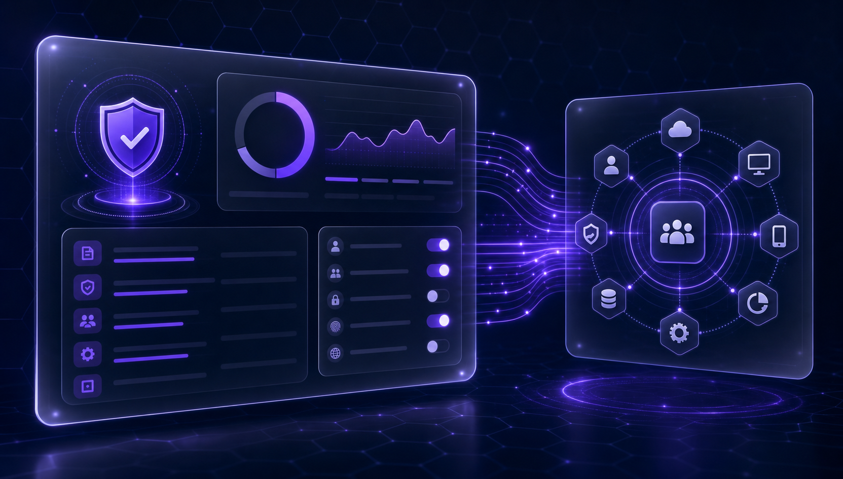 A Vaultline governance dashboard with a posture score, policy library, and access-control toggles, connected by glowing data lines into a larger workforce platform